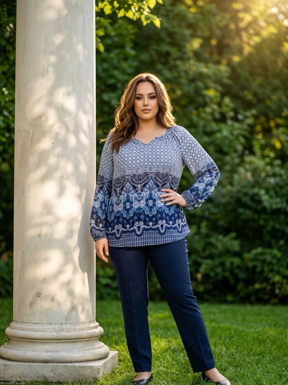 Dress Barn Blue Printed Long Sleeve Blouse boho 1x blue floral top